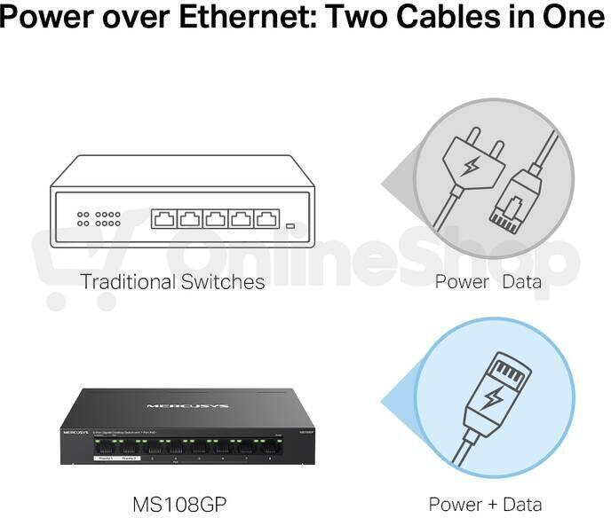 TP-Link Mercusys MS108GP Switch 8-Port, 7× Gigabit PoE+, 1× GLAN, 802.3af/at, 65 W