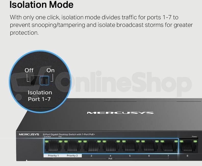 TP-Link Mercusys MS108GP Switch 8-Port, 7× Gigabit PoE+, 1× GLAN, 802.3af/at, 65 W