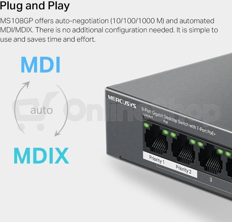 TP-Link Mercusys MS108GP Switch 8-Port, 7× Gigabit PoE+, 1× GLAN, 802.3af/at, 65 W
