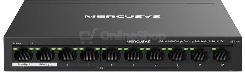 TP-Link Mercusys MS110P Switch 10-Port, 8x 10/100 Mbps PoE+, 2x LAN, 802.3af/at, 65 W