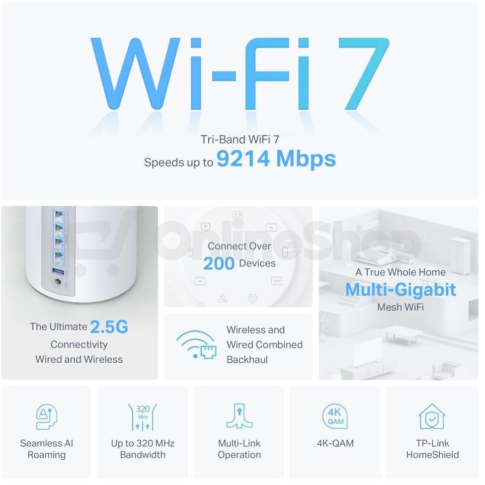 WiFi router TP-Link Deco BE65(1-pack) BE9300, WiFi 7, 4x 2.5GLAN, USB, 2,4/5/6GHz