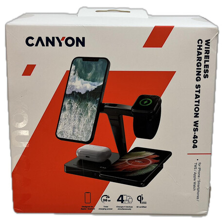 CANYON Bezdrtov nabjeka WS-404B + AC adapter, 4v1, Qi & Apple MagSafe, vstup 12V/3A, vstup 15/10/7.5/5W, ern (CNS-WCS404B)