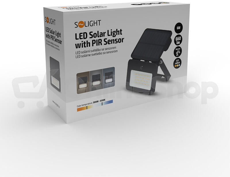 LED solární reflektor Solight se senzorem, 6W, 660lm, 3CCT, Li-Ion, černá