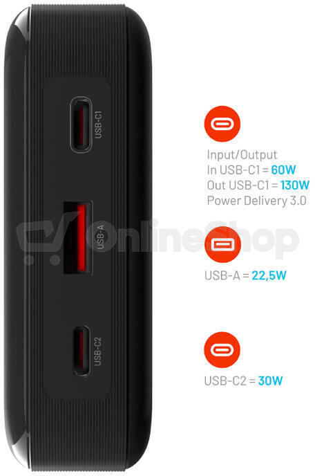 Powerbanka FIXED Zen 20 Pro s LCD displejem a výstupem 130W, 20 000 mAh, černá