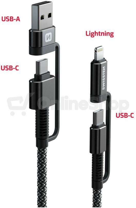 DATOVÝ KABEL SWISSTEN ARAMID REINFORCED 4in1 3A 1,5 M ANTRACIT
