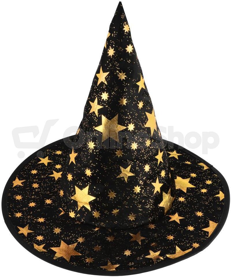Teddies Klobouk čarodějnický + plášť pro děti průměr 38cm černo-zlatý v sáčku karneval
