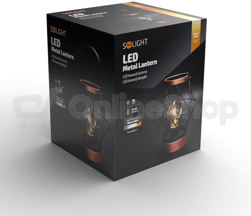 Solight kovová lucerna se žárovkou s micro LED, teplá bílá, 3xAA, 20cm
