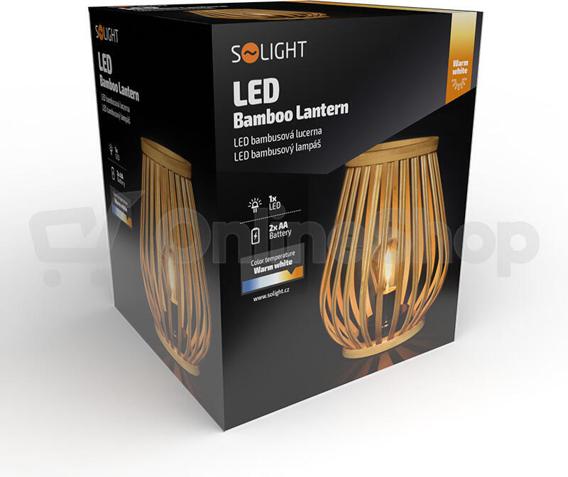 Solight bambusová lucerna s LED žárovkou, teplá bílá, 2x AA, 20cm