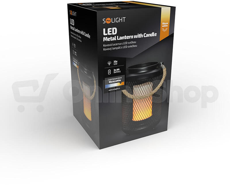 Solight kovová lucerna s LED svíčkou, teplá bílá, 3xAA, černá, 20cm