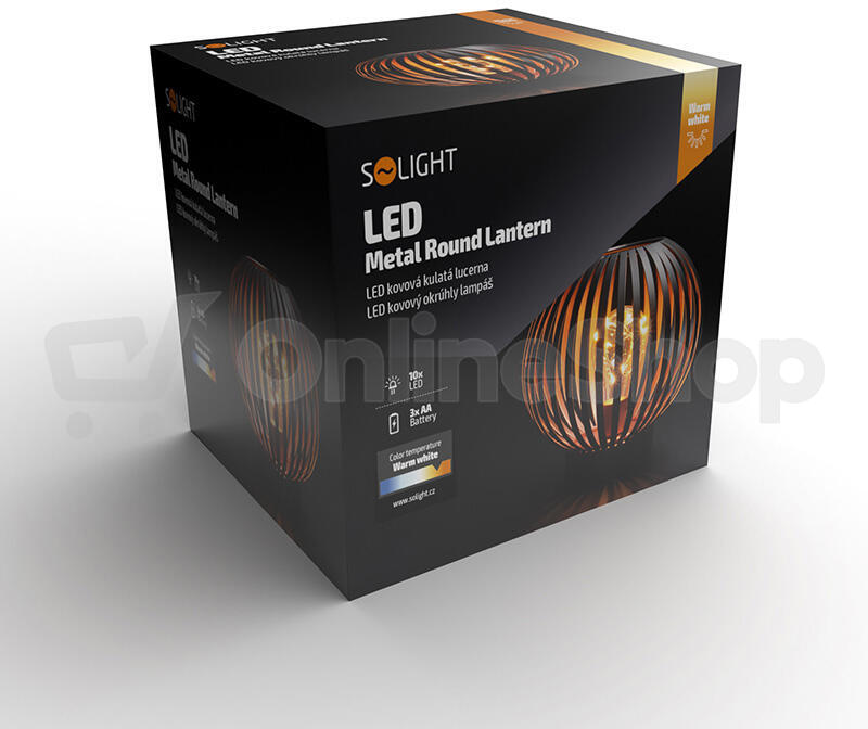 Solight kovová kulatá lucerna se žárovkou s micro LED, teplá bílá, měděná, 3xAA, 19cm
