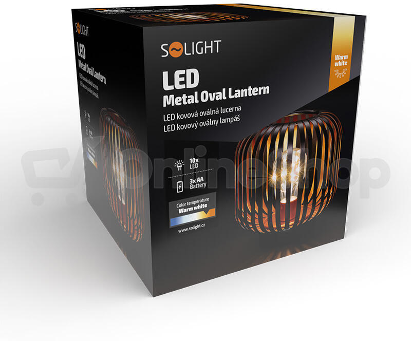 Solight kovová oválná lucerna se žárovkou s micro LED, teplá bílá, měděná, 3xAA, 18cm