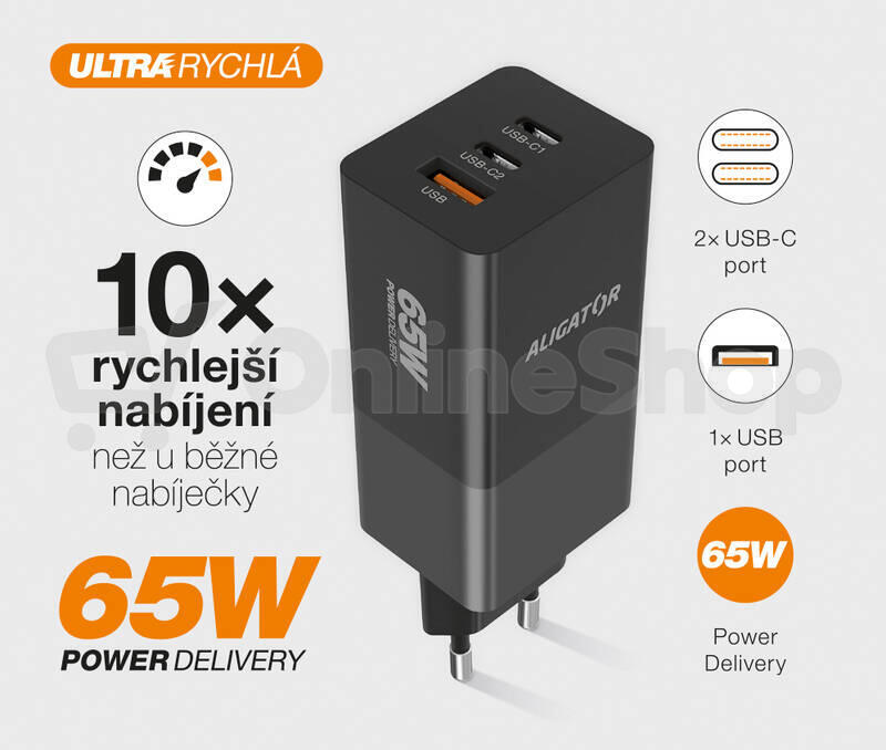 Rychlá nabíječka ALIGATOR GaN, PD 65W, 2xUSB-C, 1xUSB-A, černá