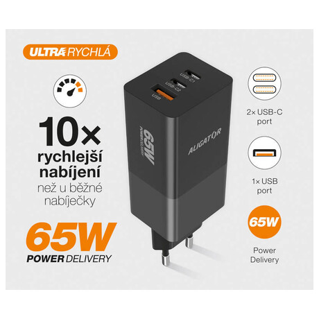 Aligator GaN, PD&nbsp;65W, 2xUSB-C, 1xUSB-A, černá (foto 4)