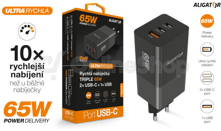 Rychlá nabíječka ALIGATOR GaN, PD 65W, 2xUSB-C, 1xUSB-A, černá