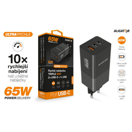 Aligator GaN, PD&nbsp;65W, 2xUSB-C, 1xUSB-A, černá (foto 5)