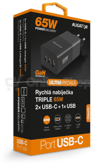 Rychlá nabíječka ALIGATOR GaN, PD 65W, 2xUSB-C, 1xUSB-A, černá