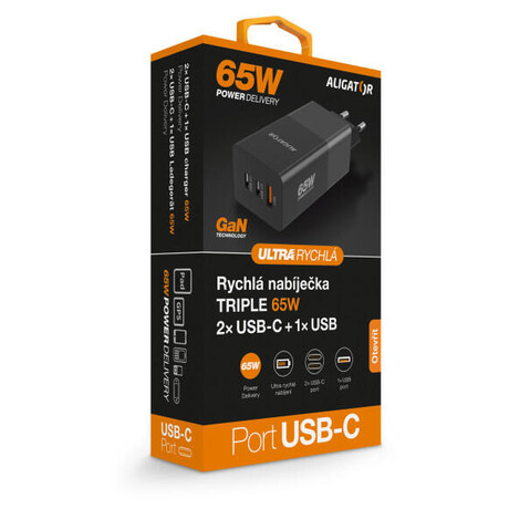 Aligator GaN, PD&nbsp;65W, 2xUSB-C, 1xUSB-A, černá (foto 8)