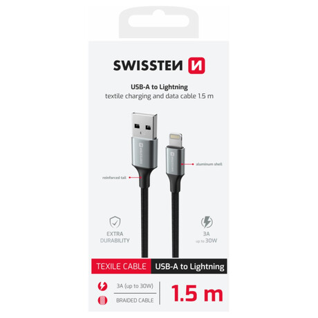 DATOVÝ KABEL SWISSTEN TEXTILE II USB / LIGHTNING 1,5 M ČERNÝ