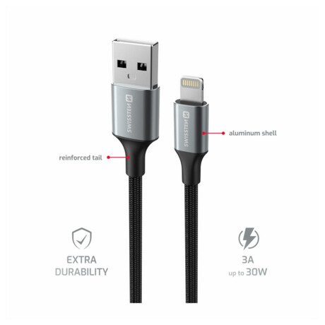 DATOVÝ KABEL SWISSTEN TEXTILE II USB / LIGHTNING 1,5 M ČERNÝ