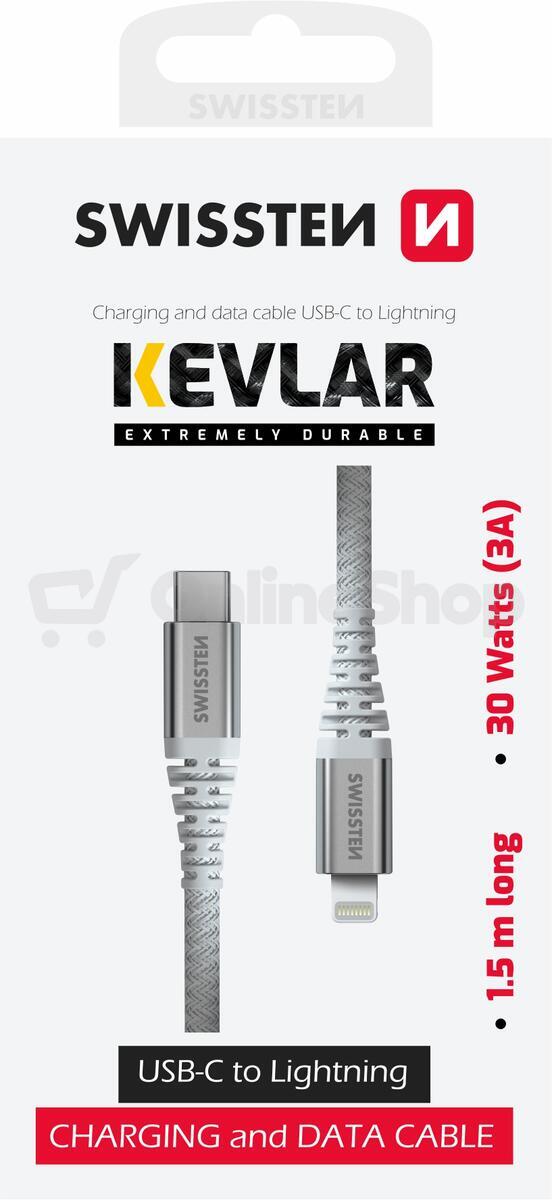 DATOVÝ KABEL SWISSTEN ARAMID REINFORCED USB-C / LIGHTNING 1,5 M BÍLÝ