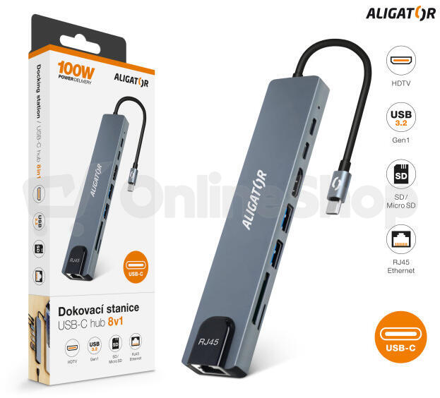 Aligator Dokovací stanice USB-C / Hub 8v1 (USB-C / 2xUSB / SD / MicroSD/ HDTV / RJ45)