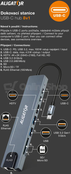 Aligator Dokovací stanice USB-C / Hub 8v1 (USB-C / 2xUSB / SD / MicroSD/ HDTV / RJ45)