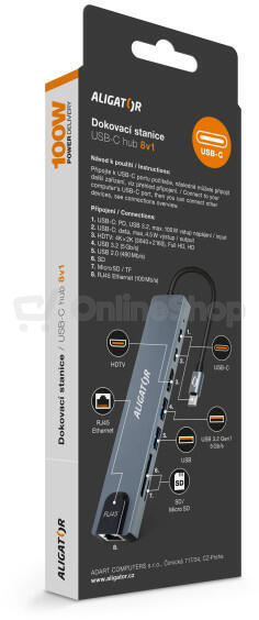 Aligator Dokovací stanice USB-C / Hub 8v1 (USB-C / 2xUSB / SD / MicroSD/ HDTV / RJ45)