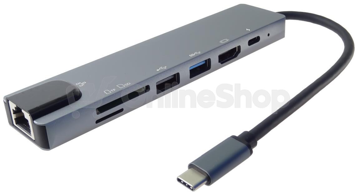 PremiumCord USB-C na HDMI + USB3.0 + USB2.0 + PD + SD/TF + RJ45 adaptér (ku31dock16)