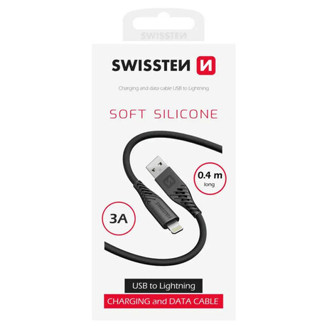 DATOVÝ KABEL SWISSTEN SOFT SILICONE USB-A / LIGHTNING 0,4 M ČERNÝ