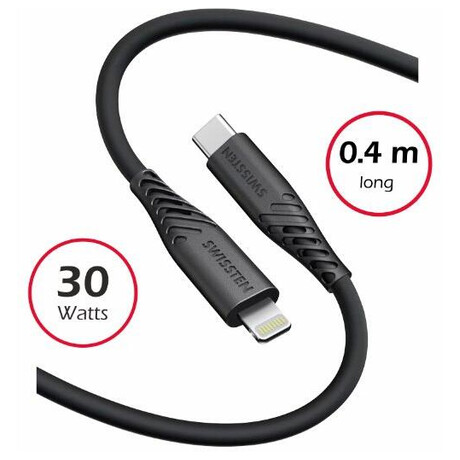 DATOVÝ KABEL SWISSTEN SOFT SILICONE USB-C / LIGHTNING 0,4 M ČERNÝ