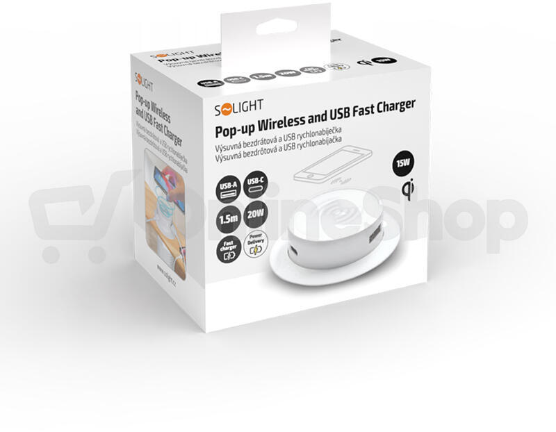 Bezdrátová výsuvná nabíječka Solight 15W + USB A+C 20W PD, bílá