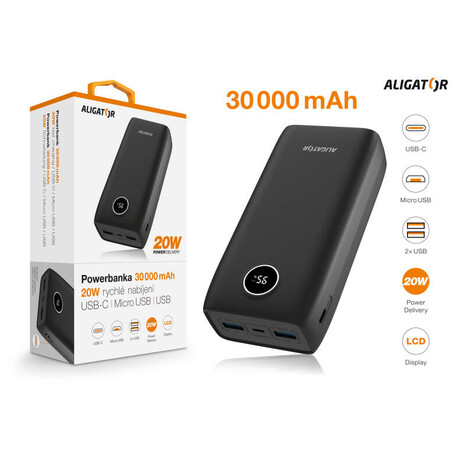 Powerbanka ALIGATOR Power Delivery 20W, rychl nabjen, 30 000 mAh, ern