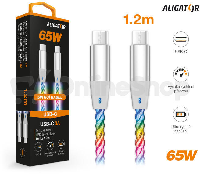 Datový kabel ALIGATOR POWER 3A 65W, USB-C/USB-C, 1,2m svítící
