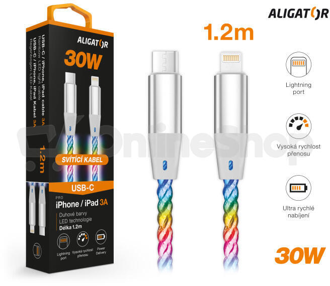 Datový kabel ALIGATOR POWER 3A 30W, USB-C/Lightning, 1,2m svítící