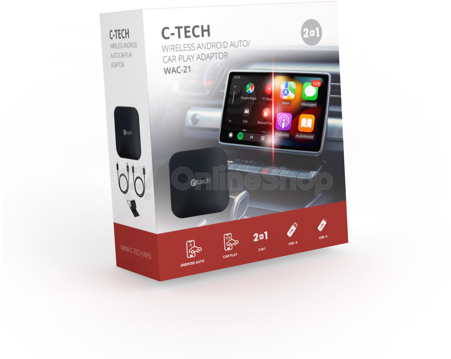 Bezdrátový adaptér C-TECH WAC-21, pro Android Auto, Car play, USB