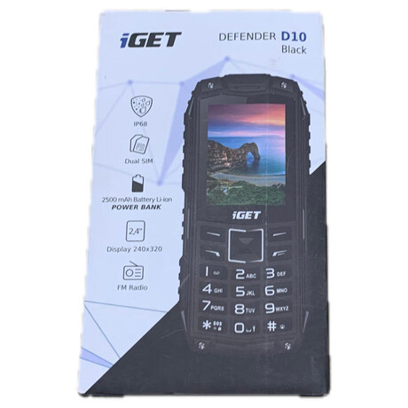 iGET Defender D10 Black - odoln telefon IP68, DualSIM, 2500 mAh, BT, powerbanka, svtilna, FM, MP3 (84000426)