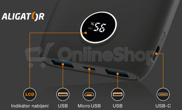 Powerbanka ALIGATOR PD20W + QC22.5W, 10 000 mAh, černá