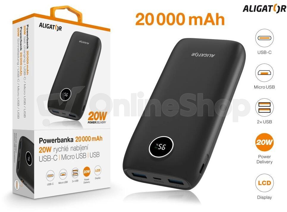 Powerbanka Aligator PD20W+QC22.5W 20000mAh, černá