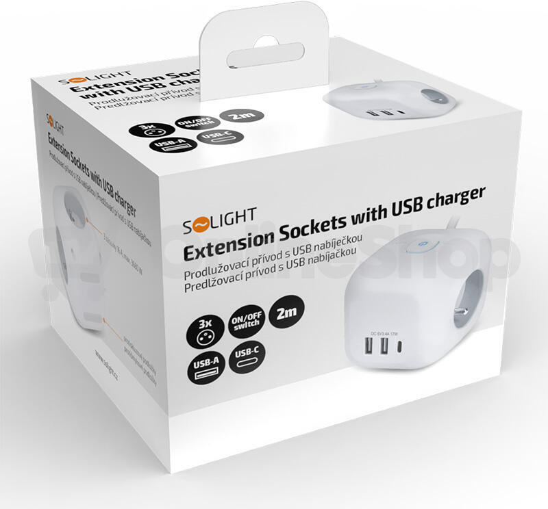 Prodlužovací přívod Solight PP145C, 3 zásuvky s USB A+C