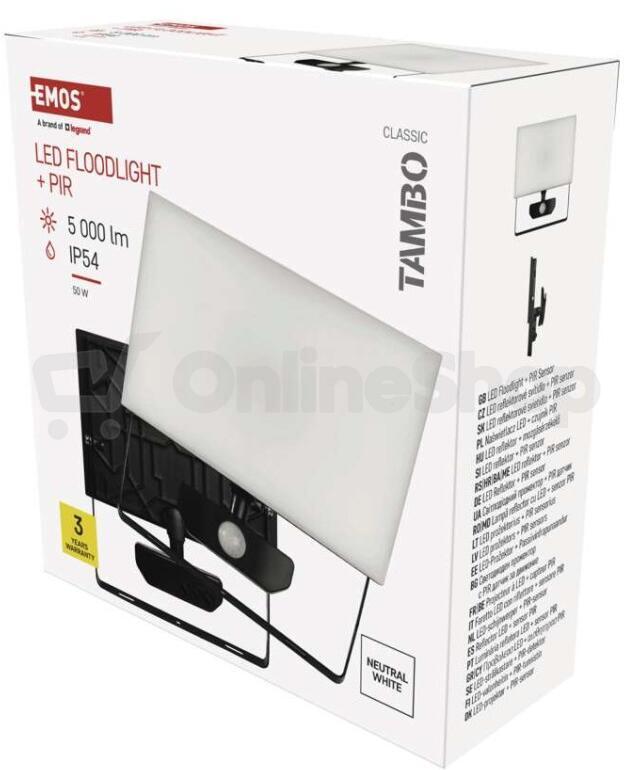 Emos LED reflektor TAMBO se senzorem pohybu, 50 W, 5000 lm, černý (ZS2942)