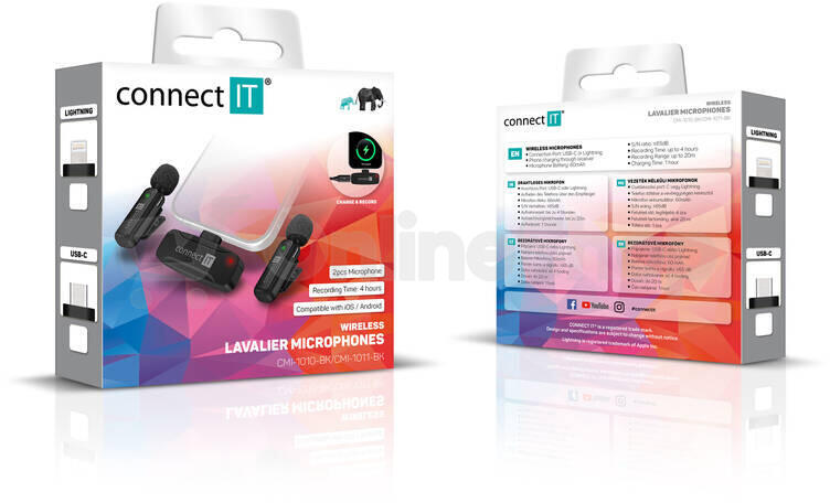 CONNECT IT Wireless Lavalier mikrofon USB-C konektor (2 ks + receiver) set ČERNÝ (CMI-1011-BK)