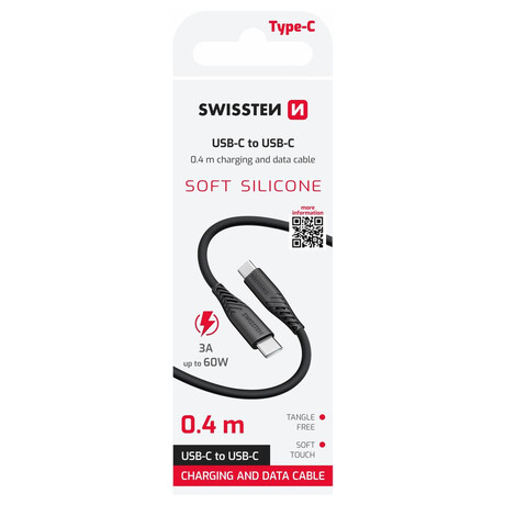 DATOVÝ KABEL SWISSTEN SOFT SILICONE USB-C / USB-C 0,4 M ČERNÝ