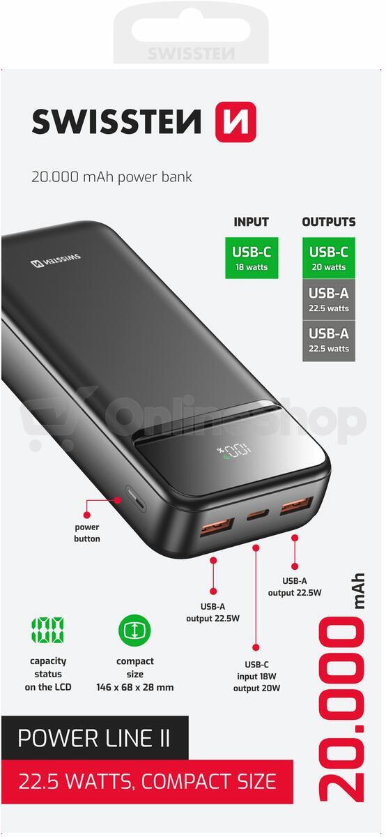 SWISSTEN POWER BANK 20000 mAh POWER LINE II ČERNÁ