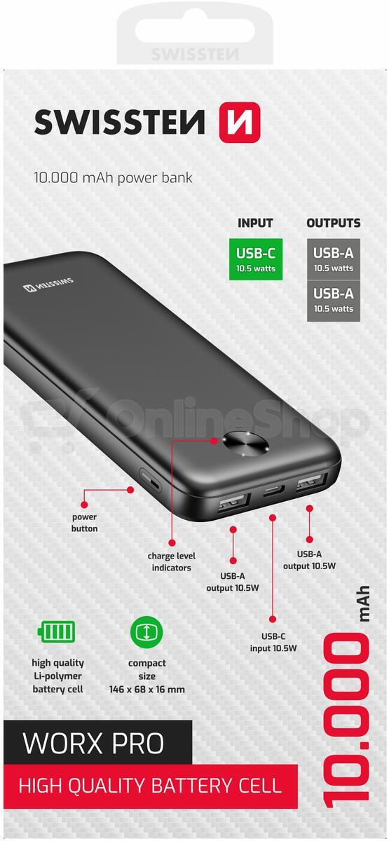 SWISSTEN POWER BANK 10000 mAh WORX PRO ČERNÁ