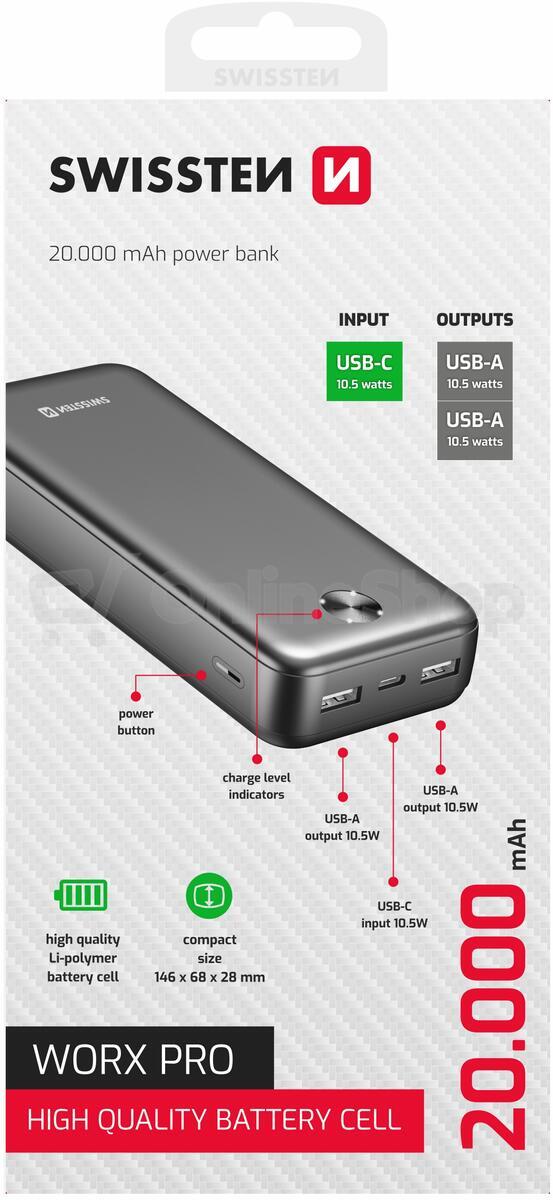Powerbanka Swissten 20 000 mAh WORX PRO, černá