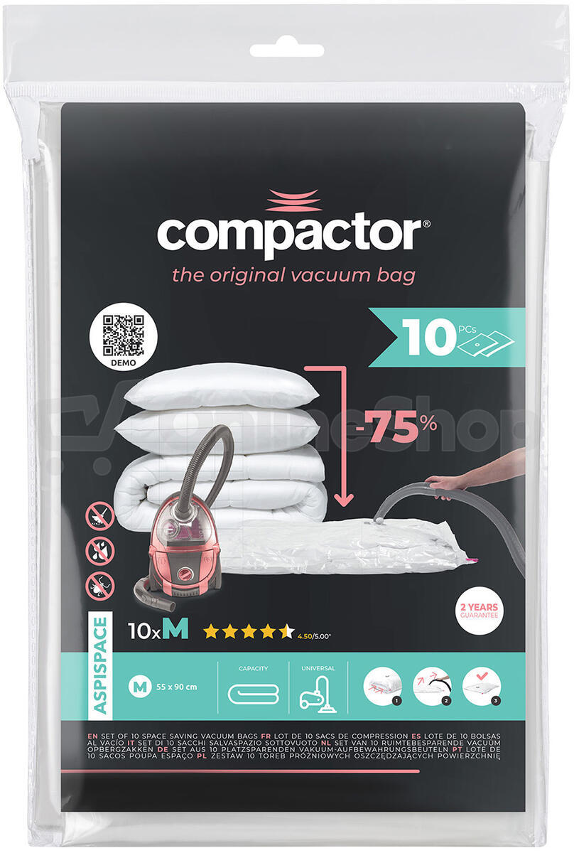 Sada 10 ks vakuových úložných sáčků Compactor Bag Aspispace M 70 litrů, 55 x 90 cm