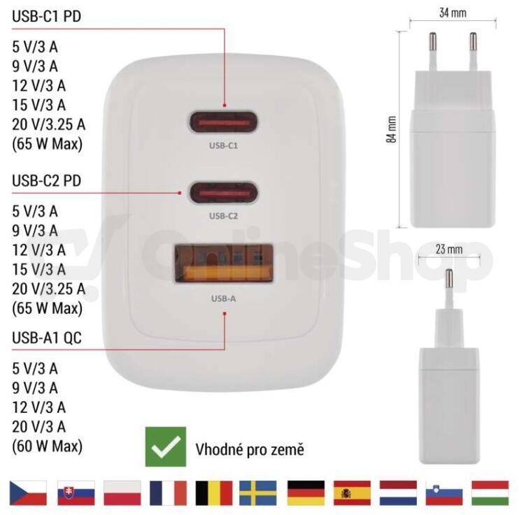 Emos univerzální USB adaptér GaN do sítě PD 65 W max. (V05G65)
