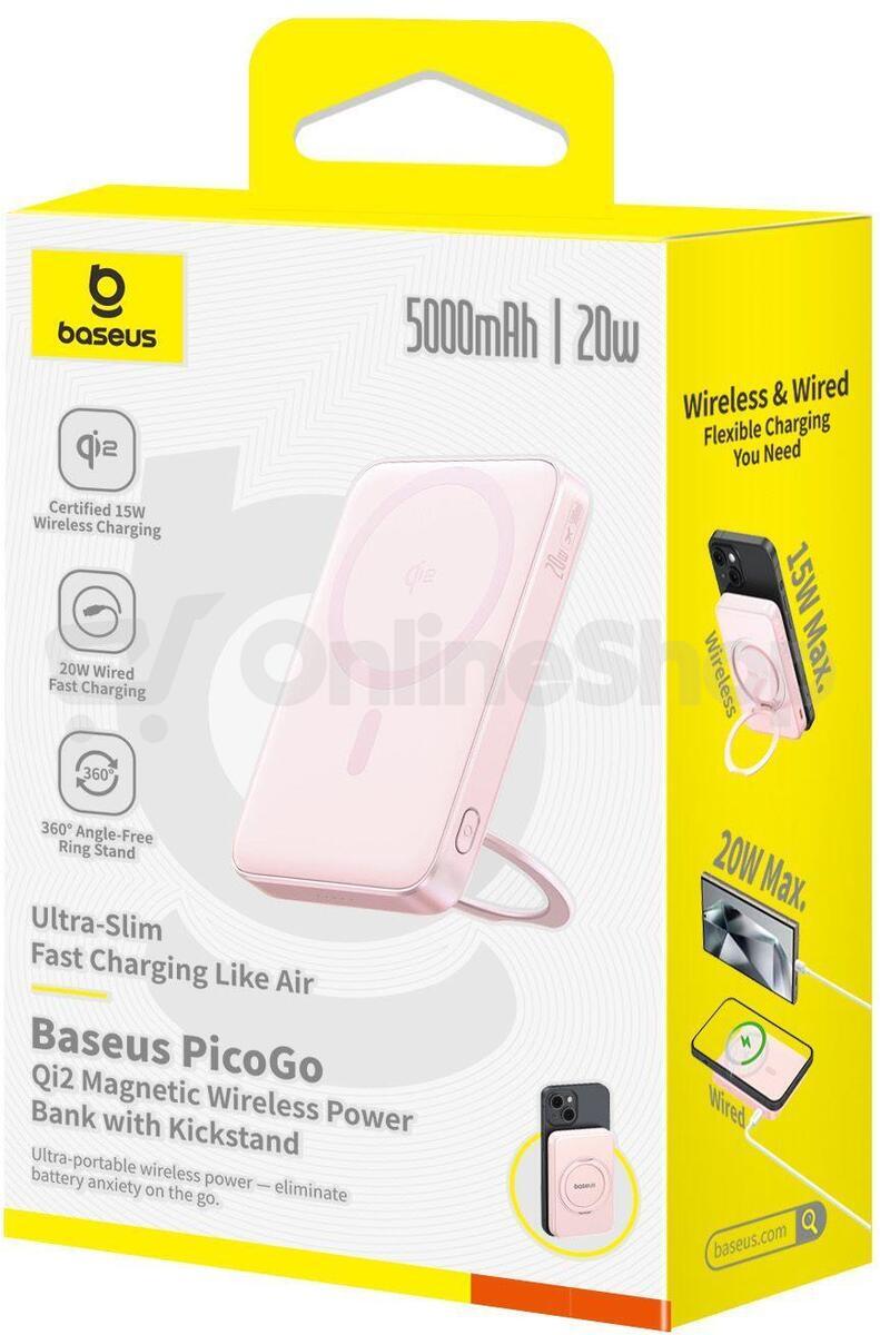 Bezdrátová powerbanka Baseus PicoGo Qi2 5000mAh, 20W růžová