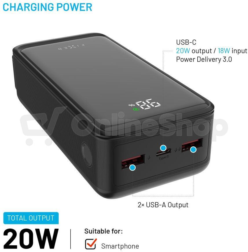 Powerbanka FIXED Zen2 30 s LCD displejem a výstupem PD 20W, 30 000 mAh, černá