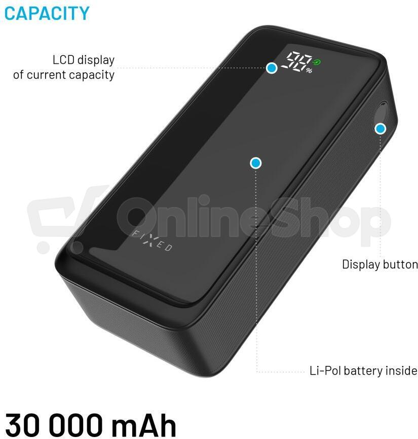 Powerbanka FIXED Zen2 30 s LCD displejem a výstupem PD 20W, 30 000 mAh, černá